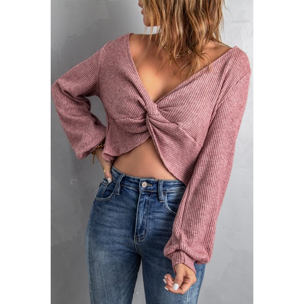 Pink Twist Knot Long Sleeve Waffle Knit Crop Top