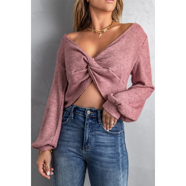 Pink Twist Knot Long Sleeve Waffle Knit Crop Top