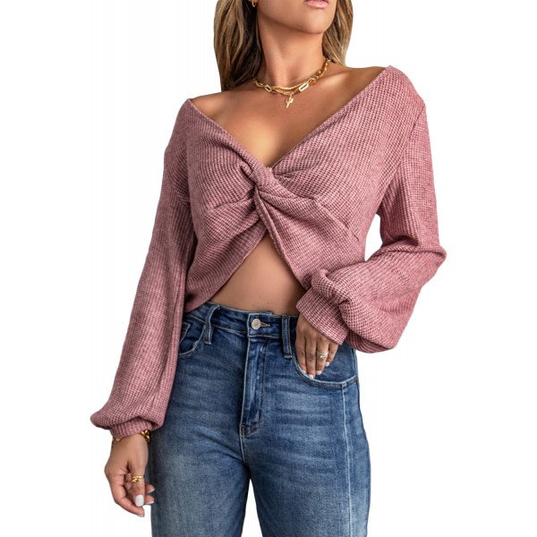 Pink Twist Knot Long Sleeve Waffle Knit Crop Top
