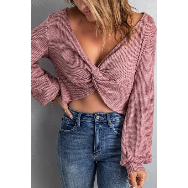 Pink Twist Knot Long Sleeve Waffle Knit Crop Top