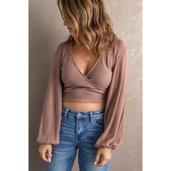 Surplice Ribbed Bubble Sleeve Crop Top