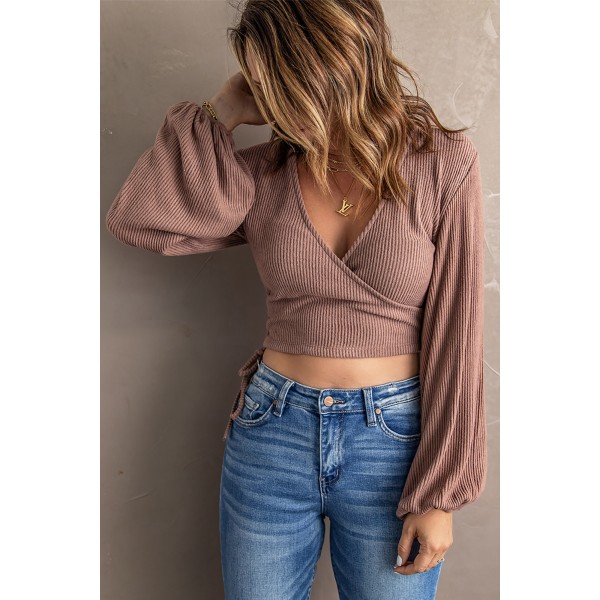 Surplice Ribbed Bubble Sleeve Crop Top