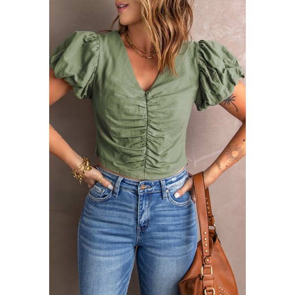 Green Puff Sleeve Ruched V Neck Crop Top