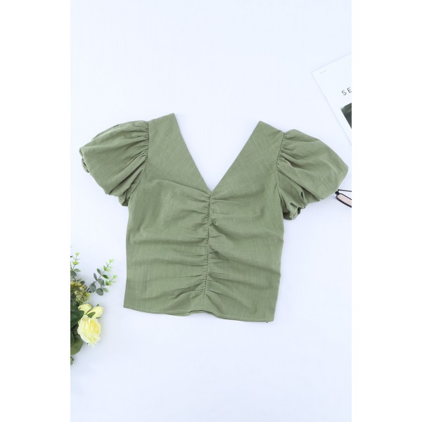 Green Puff Sleeve Ruched V Neck Crop Top