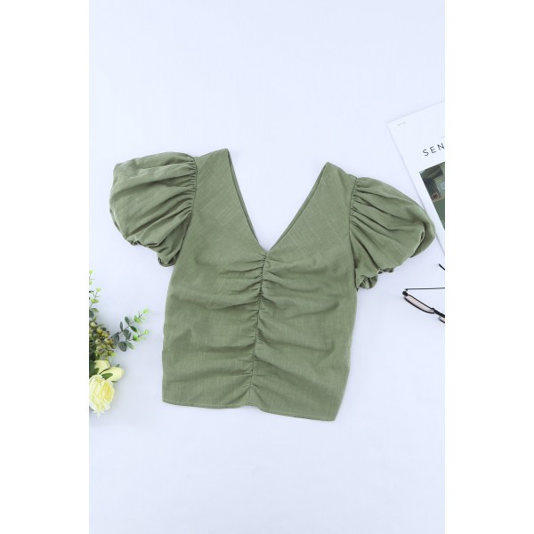 Green Puff Sleeve Ruched V Neck Crop Top