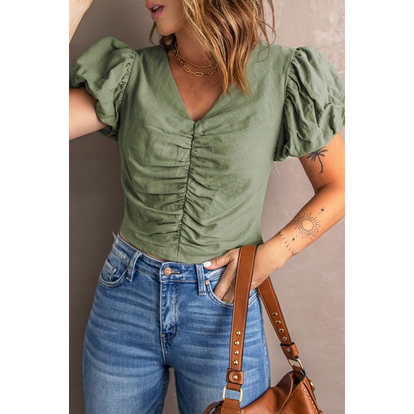 Green Puff Sleeve Ruched V Neck Crop Top