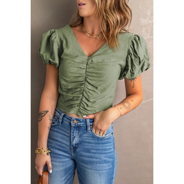 Green Puff Sleeve Ruched V Neck Crop Top