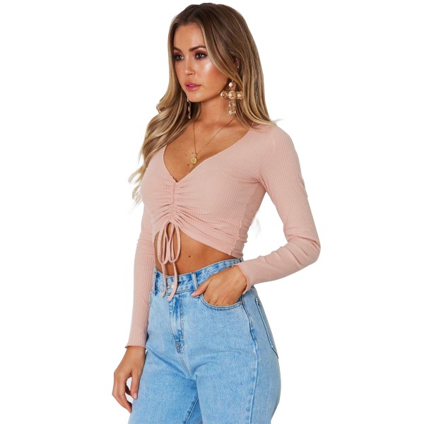 Pink Cinched Lace Up Long Sleeve Crop Top