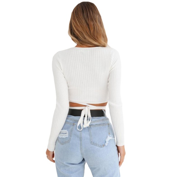 White Wrap V Neck Tie Waist Ribbed Crop Top