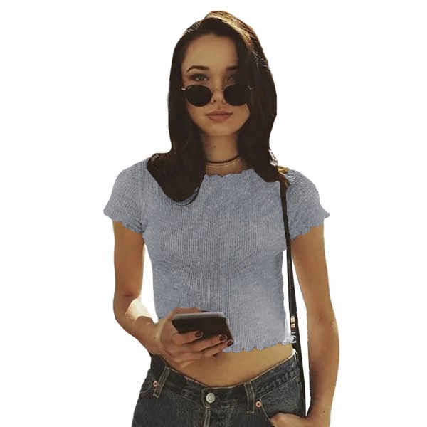 Gray Curled Hem Short Sleeve Ribbed Knit Crop Top