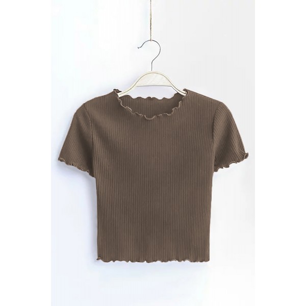 Khaki Curled Hem Short Sleeve Ribbed Knit Crop Top