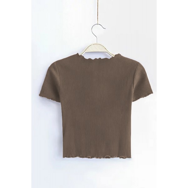 Khaki Curled Hem Short Sleeve Ribbed Knit Crop Top