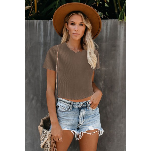 Khaki Curled Hem Short Sleeve Ribbed Knit Crop Top