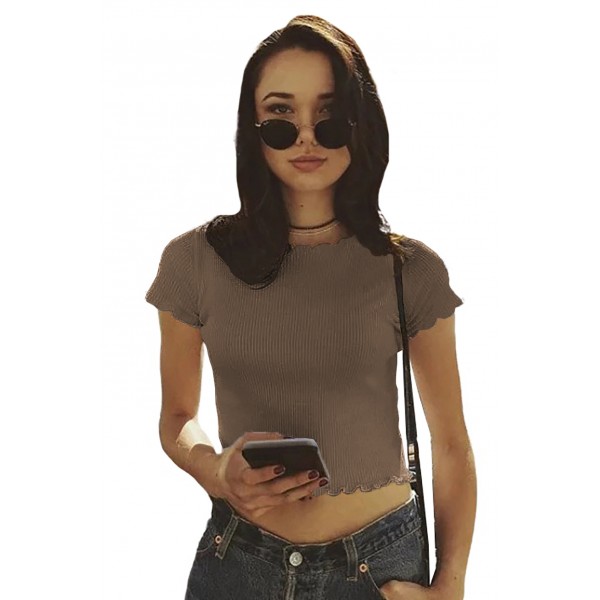 Khaki Curled Hem Short Sleeve Ribbed Knit Crop Top
