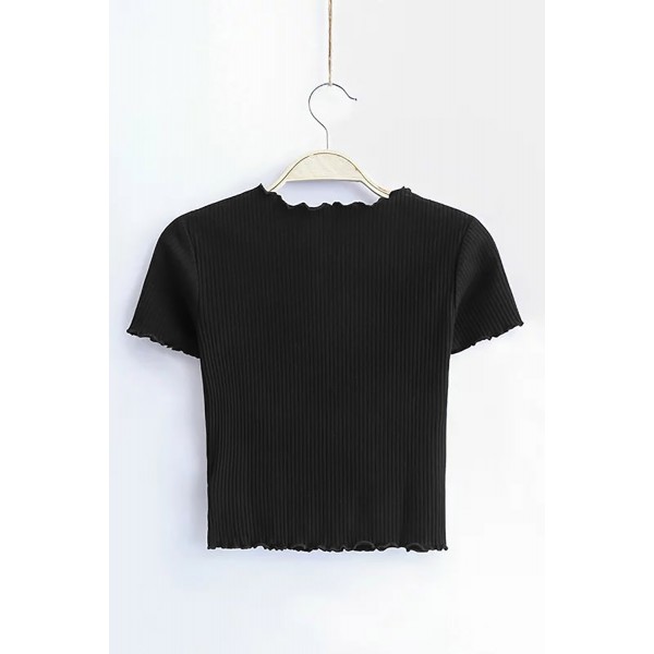 Black Curled Hem Short Sleeve Ribbed Knit Crop Top