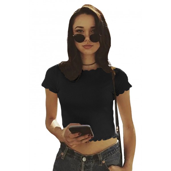 Black Curled Hem Short Sleeve Ribbed Knit Crop Top