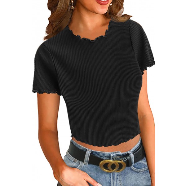 Black Curled Hem Short Sleeve Ribbed Knit Crop Top