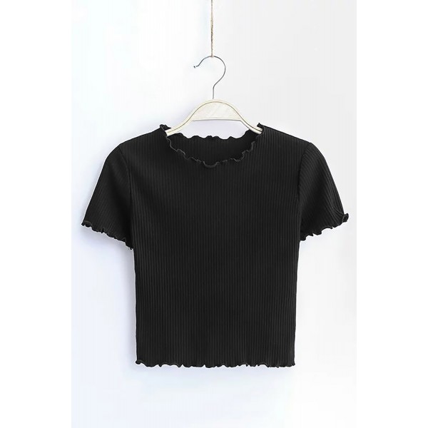 Black Curled Hem Short Sleeve Ribbed Knit Crop Top