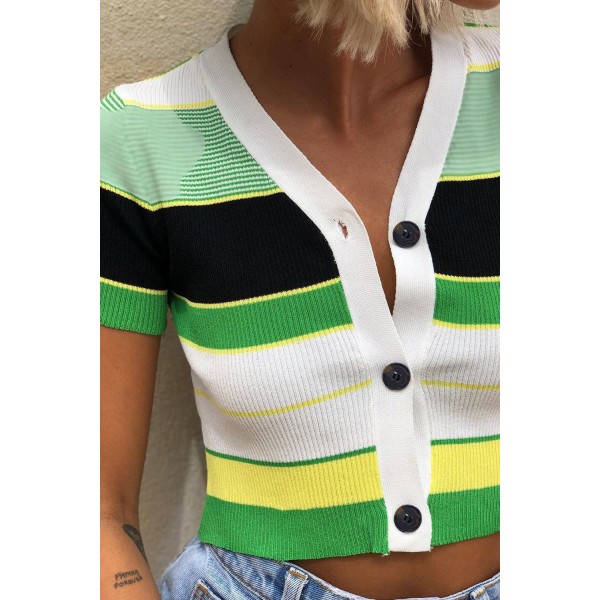 Green Colorblock Knitted Crop Top
