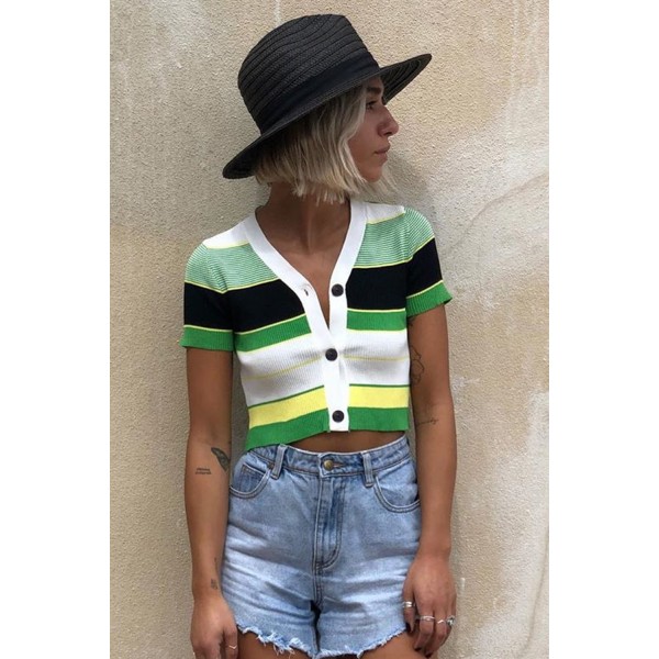 Green Colorblock Knitted Crop Top