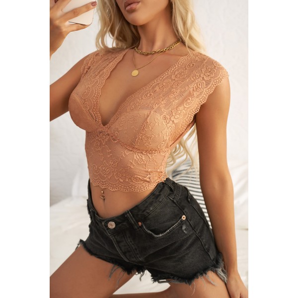 Brown Deep V Neck Lace Sleeveless Crop Top