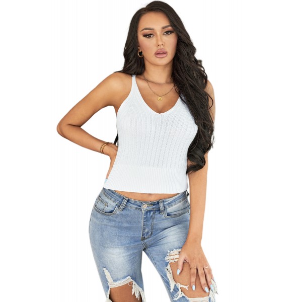 White V-Neck Ribbed Knitted Crop Top