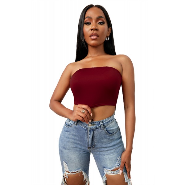 Wine Red Strapless Tube Crop Top