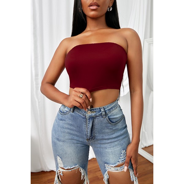 Wine Red Strapless Tube Crop Top