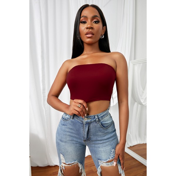 Wine Red Strapless Tube Crop Top