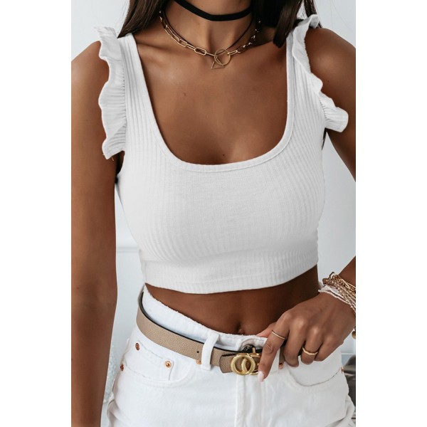 White Ruffle Strap Ribbed Sleeveless Crop Top
