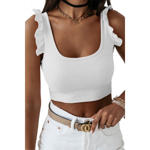 White Ruffle Strap Ribbed Sleeveless Crop Top
