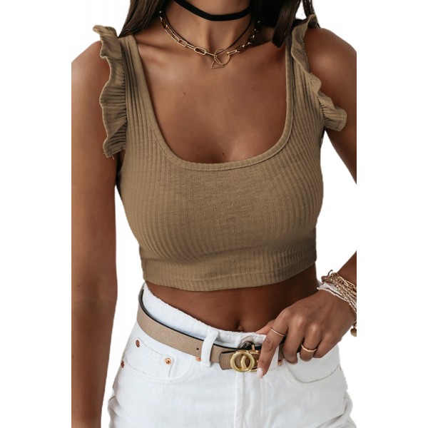 Brown Ruffle Strap Ribbed Sleeveless Crop Top