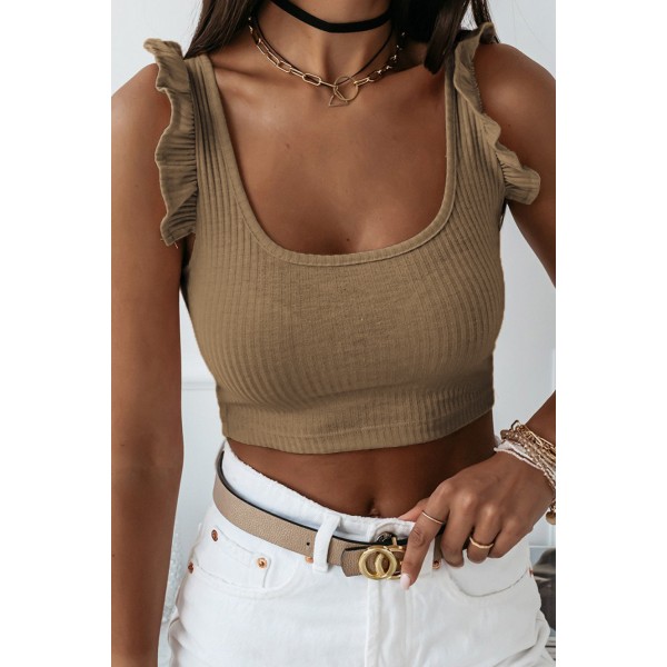 Brown Ruffle Strap Ribbed Sleeveless Crop Top