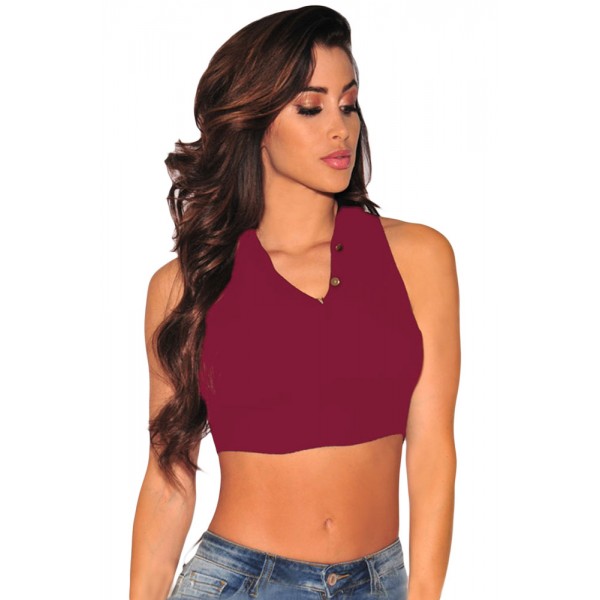 Burgundy Mock Neck Sleeveless Crop Top