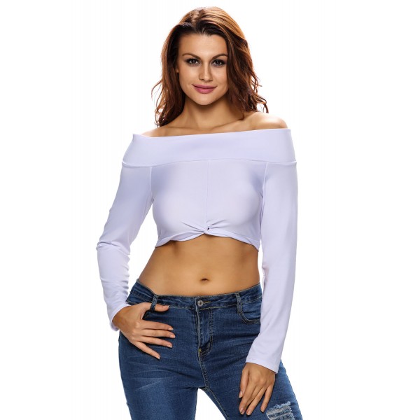 White Knotted Front Off-the-shoulder Long Sleeve Top