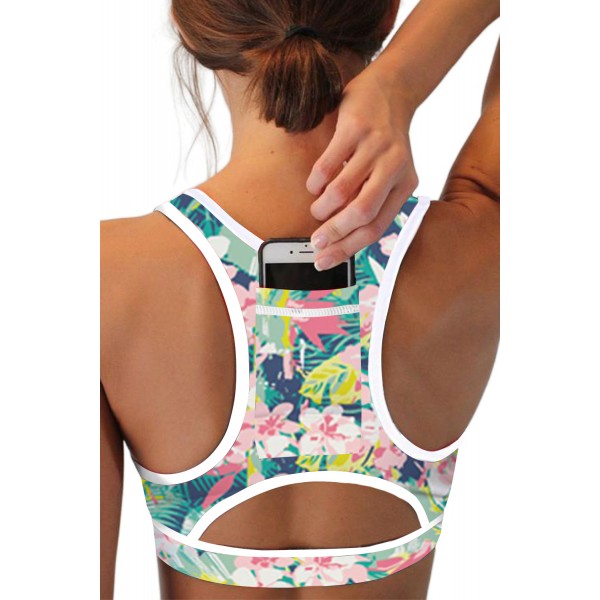 Green Floral Print Back Pocket Sport Bra