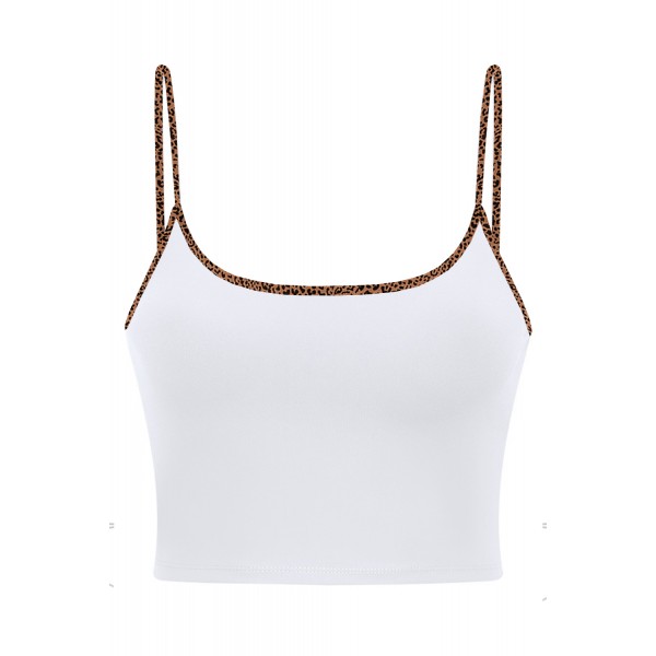 White Yoga Sexy Gathered Sports Bra with Leopard Trim