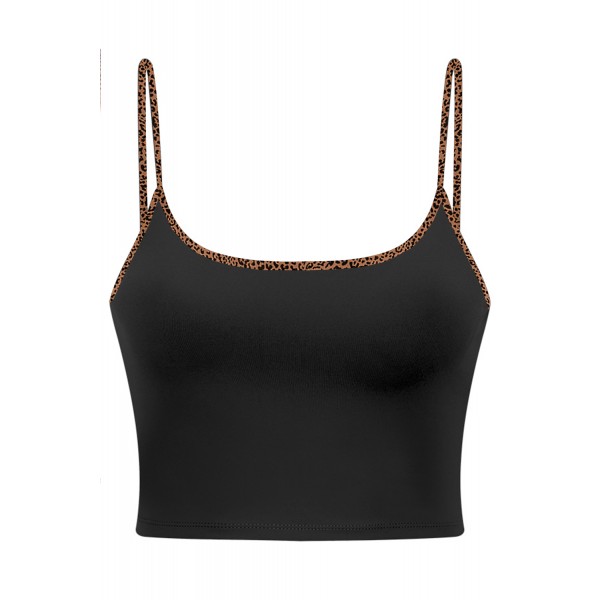 Black Yoga Sexy Gathered Sports Bra with Leopard Trim