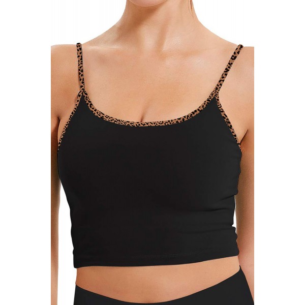Black Yoga Sexy Gathered Sports Bra with Leopard Trim