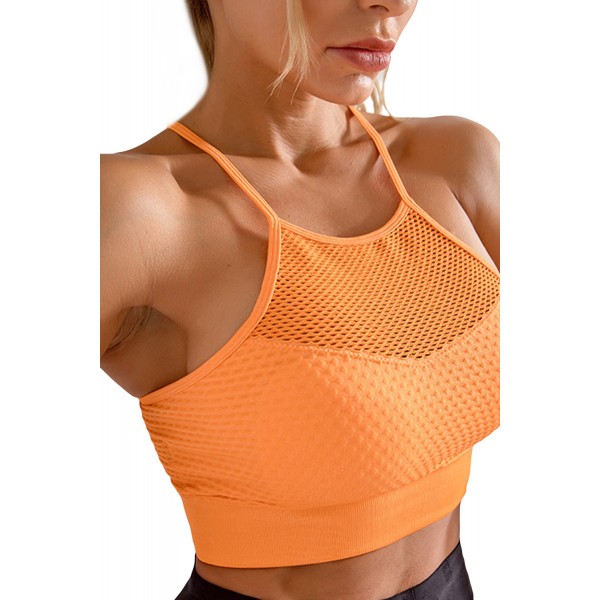 Orange Mesh Splicing Textured Active Sports Bra