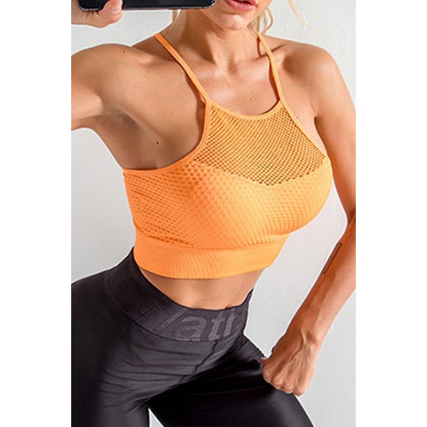Orange Mesh Splicing Textured Active Sports Bra