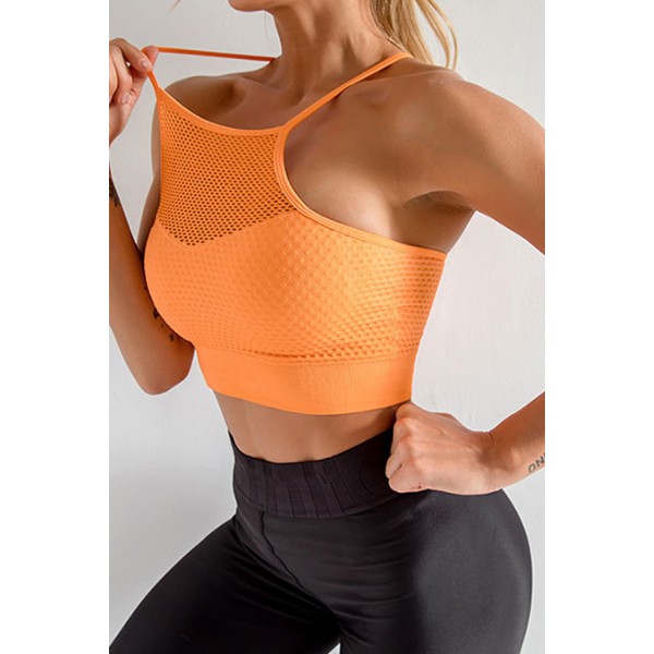 Orange Mesh Splicing Textured Active Sports Bra