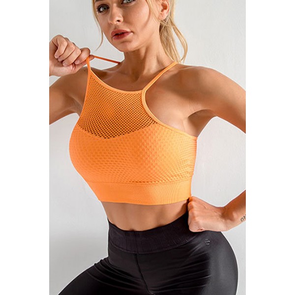 Orange Mesh Splicing Textured Active Sports Bra