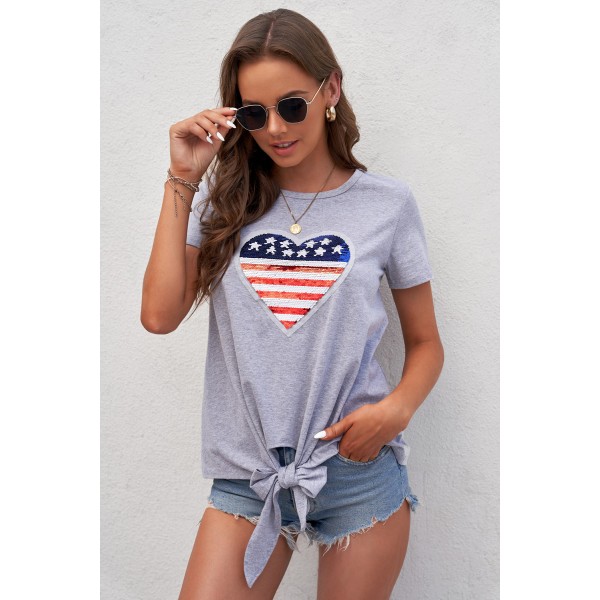 Mommy Patriotic Flag Sequin Heart Applique Knot Top