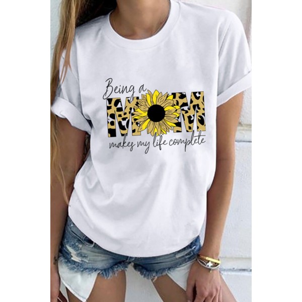 Leopard Sunflower Mom Slogan Letters Graphic Tee