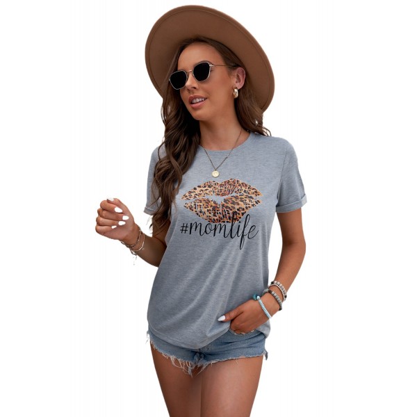 Leopard Lip Mom Life Gray T-shirt