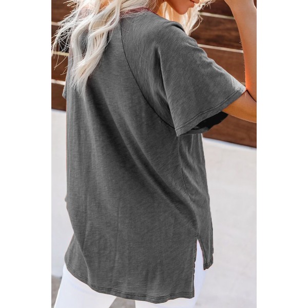 Letters Print Gray V Neck Tee with Slits