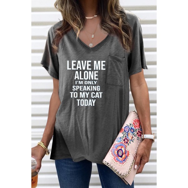 Letters Print Gray V Neck Tee with Slits