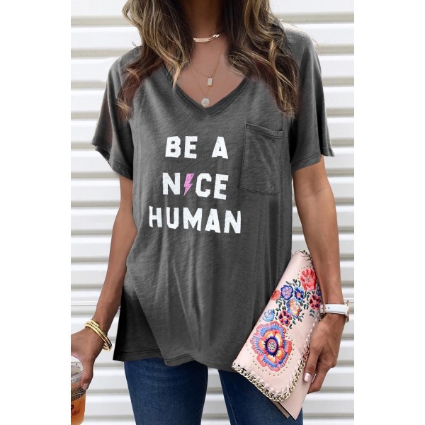 BE A NICE HUMAN Gray V Neck Tee