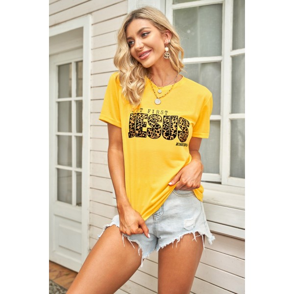 Leopard Letters Print Graphic Yellow T-shirt